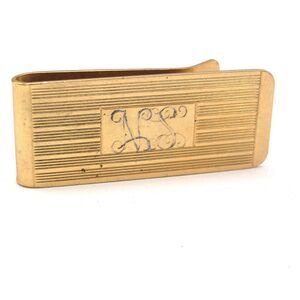 Vtg  Monogram Initials NS Gold Tone Ribbed Money Clip Engine Turned Cash Holder